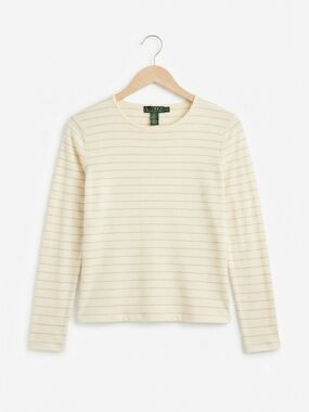 Lauren Ralph Lauren Petite PM Cream Striped Long Sleeve Crewneck Knit Top
